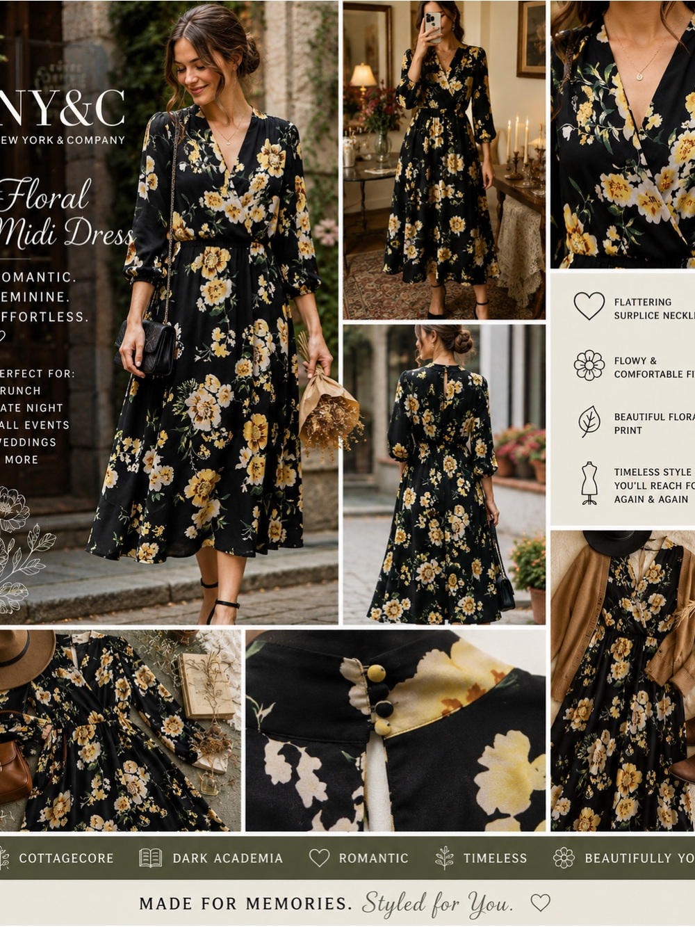 NY & Co Floral Midi Dress Medium Black Yellow Cottagecore Surplice Fall Romantic